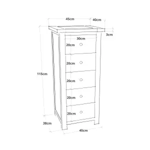 Trivento 5 Drawer Narrow Chest of Drawers Brass Knob