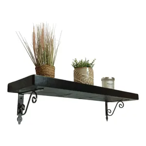 Solid Wood Handmade Rustical Shelf Black Ash 225mm 9 inch with Silver Metal Bracket WOZ Length of 200cm