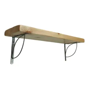 Solid Wood Handmade Rustical Shelf Primed 225mm 9 inch with Silver Metal Bracket TRAMP Length of 110cm