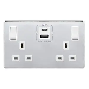 Polished Chrome Screwless Plate 2 Gang 13A DP Ingot Type A & C USB Twin Double Switched Plug Socket - White Trim - SE Home