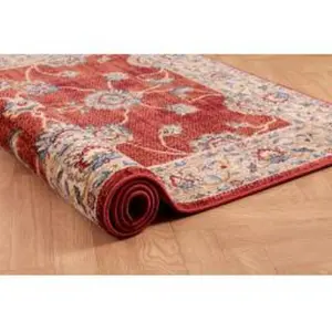 Terracotta Traditional Bordered Floral Rug Easy to clean Dining Room-66 X 240cmcm (Runner)