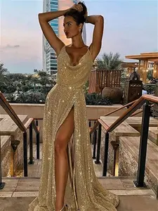 2025 Gold Evening Dress UK Long A-Line V-Neck Sequins