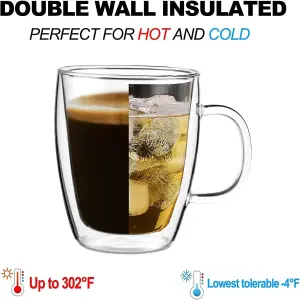 Almineez Set o 2 Double Walled Glass Coffee Mugs 450ml Thermal Insulated Borosilicate Glass Cups with Handle for Tea