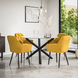 Malvern Round Dining Table And Chairs - Clear Glass Table Top w Solid Black Oak Legs + 4 Anika Velvet Dining Chairs (Mustard)