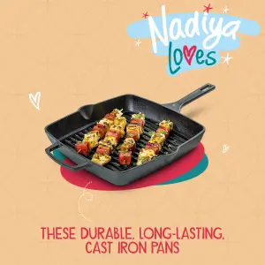 Prestige Nadiya Black Square Cast Iron Dishwasher Safe Induction Suitable Grill Pan with Pouring Lips 27cm