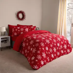 Snowflake Teddy Fleece Duvet Cover Bedding Winter Christmas, Red - Double