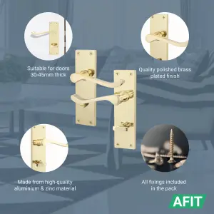 AFIT Polished Brass Victorian Scroll Bathroom Door Handles - 1 Pair of Brass Internal Lever Handles on Backplate