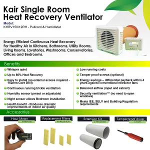 Kair Heat Recovery Extractor Fan - 12VAC SELV - Humidistat