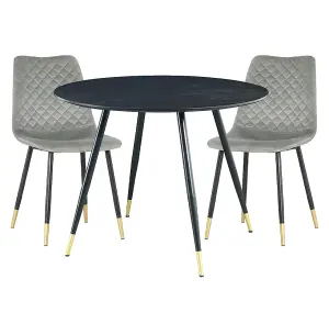 Hallowood Furniture Finley Round Dining Table (TAB101) in Black Finish with 2 Chairs (CHA201-SGY)