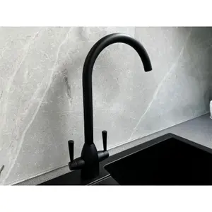 Liquida W05BL Swan Neck Swivel Spout Monobloc Twin Lever Black Kitchen Mixer Tap