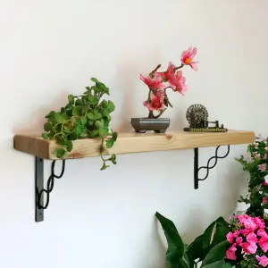 Solid Wood Handmade Rustical Shelf Primed 225mm 9 inch with Black Metal Bracket WPRP Length of 110cm