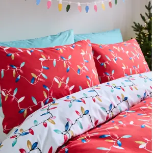 Catherine Lansfield Christmas Lights Soft Microfibre Reversible Single Duvet Cover Set with Pillowcase Red