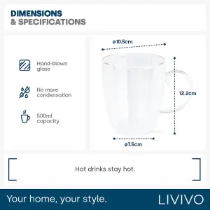 LIVIVO Double Wall Coffee Mug - Insulated Glass Cup with Handle