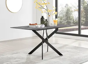 Furniturebox UK Leonardo Grey Glass Marble Effect Black Leg Table & 6 Cream Pesaro Black Leg Chairs