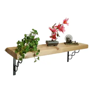 Solid Wood Handmade Rustical Shelf Primed 225mm 9 inch with Black Metal Bracket WPRP Length of 60cm