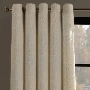 Teddy Fleece Eyelet Curtains Thermal Pair Ready Made, Cream - 90" x 90"