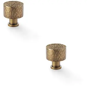 2 PACK - Round Hammered Door Knob - Antique Brass 30mm Diameter Cupboard Pull Handle