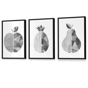 Grey Woodgrain Apple Pear Pineapple Wall Art Prints / 42x59cm (A2) / Black Frame