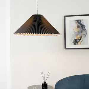 ValueLights Akira Black Hanging Pendant Ceiling Light with Pleated Lampshade - LED Bulb Included