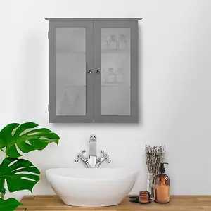 Teamson Home Wall Mounted Bathroom Cabinet with 2 Textured Glass Doors, Bathroom Storage, Grey