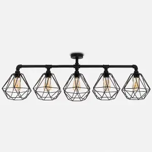 ValueLights Industrial 5 Way Satin Black Pipework Ceiling Light With Black Cage Shades