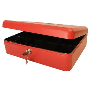 Lockable 12" Steel Cash Box - Money Organiser Safe with Note & Coin Tray, Cylinder Lock & Carry Handle - H9 x W30 x D24cm, Red