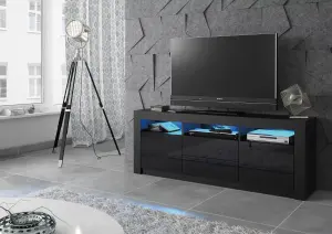 Shine TV Unit 160cm Black with High Gloss Doors and LED Lighting - Creative Furniture