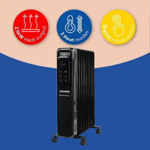 Russell Hobbs Electric Heater 2500W Black Digital 11 Fin Oil Filled Radiator with Remote & 2 Year Guarantee RHOFR2521B-D