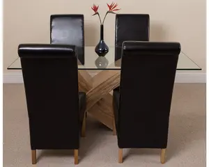 Valencia 160 cm x 90 cm Glass Dining Table and 4 Chairs Dining Set with Montana Black Leather Chairs