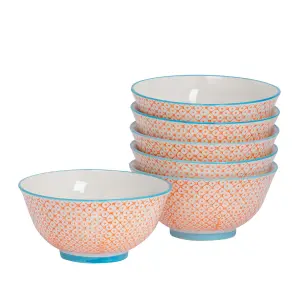 Nicola Spring - Hand-Printed Cereal Bowls - 16cm - Orange - Pack of 6