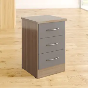 Cascio 3 Drawer Bedside Table Grey Gloss/Light Oak Effect Veneer