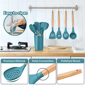 Kitchen Utensils Set,  25 Pieces Soft Silicone Cooking Utensil Set With Holder, Natural Wooden Handle Kitchen Spatula Spoon For Cooking Baking, Non Stick & Heat Resistant, Black Blue