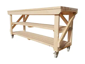 Acorn workbench, kiln-dry work station (H-90cm, D-64cm, L-120cm) double shelf and wheels