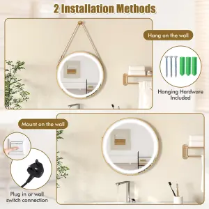 COSTWAY Hanging Bathroom Mirror 60 cm Round Wall Mirror w/ 3 Colors LED Light