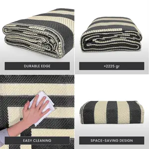 Large Garden Outdoor Rug For Patio, Black & Cream Grid Waterproof Garden Rug 180 x 270cm