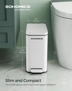 SONGMICS Compact Bathroom Trash Bin, Pedal-Operated with Lid, Soft Close, Steel, Designed for Small Spaces, White