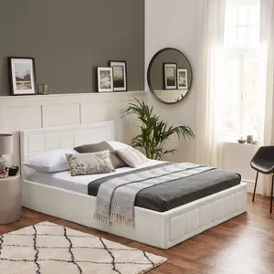 Ottoman Bed With Mattress King Size White Boucle Storage Bed - Hybrid Mattress