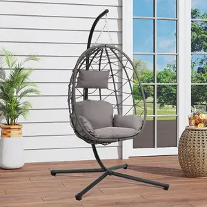 100cm W x 100cm D x 195cm H Grey Hanging Chair with Black Stand and Dark Grey Cushion