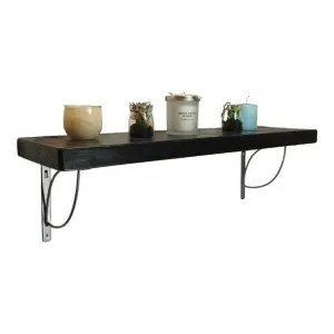 Solid Wood Handmade Rustical Shelf Black Ash 225mm 9 inch with Silver Metal Bracket TRAMP Length of 70cm