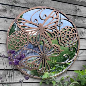 Butterflies Round Tree of Life Style Outdoor Garden Copper Wall Mirror Great Memorial or Wedding Gift Decor