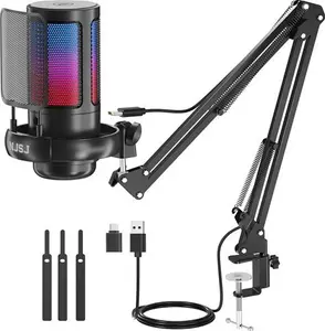 NJSJ USB Gaming Microphone Kit For PC, RGB Condenser Microphone Podcast Mic With Monitoring Jack, Quick Mute, Gain Control, Boom Arm Stand For