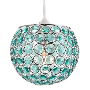 Modern Round Globe Easy Fit Pendant Shade with Small Teal Acrylic Bead Jewels