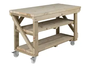 Indoor/outdoor workbench pressure treated station (H-90cm, D-64cm, L-90cm) double shelf and wheels