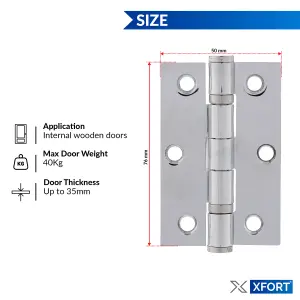 XFORT 3 Inch (75mm) Polished Chrome Ball Bearing Hinges, Steel Door Hinge for Wooden Doors (4 Pairs)