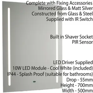 IP44 LED Bathroom Mirror 70cm x 50cm Vanity Light IR Switch & Dual Shaver Socket