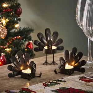 3 x Metal Turkey Tealight Holders - 1 Standing & 2 Sitting Design Metal Christmas Themed Candle Holder Home Decorations