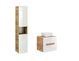 Bathroom Furniture Set with Tall Unit & 600 Vanity Cabinet with Countertop Sink White Gloss Oak Arub