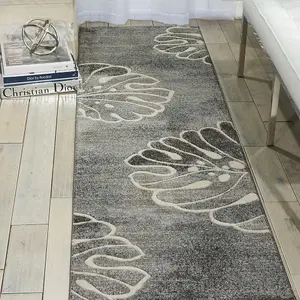 Grey Floral Luxurious Modern Easy to clean Rug For Bedroom & Living Room-66 X 229cm (Runner)