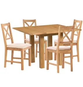 Hallowood Furniture Waverly Small Folding Table with 4 Cross Back Oak Chairs with Beige Fabric Seats