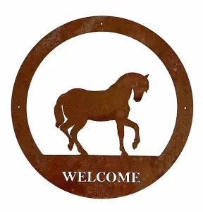 Horse Welcome Wall Art - Small - Steel - W29.5 x H29.5 cm - Bare Metal/Ready to Rust